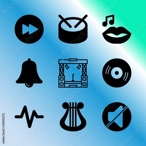 Vector icon set about music with 9 icons related to compass, velvet, public, couple, tv, musician, cinema, photo, singer and bubbles