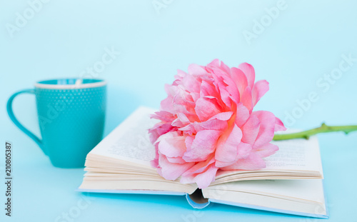 Peony flower and book on blue background