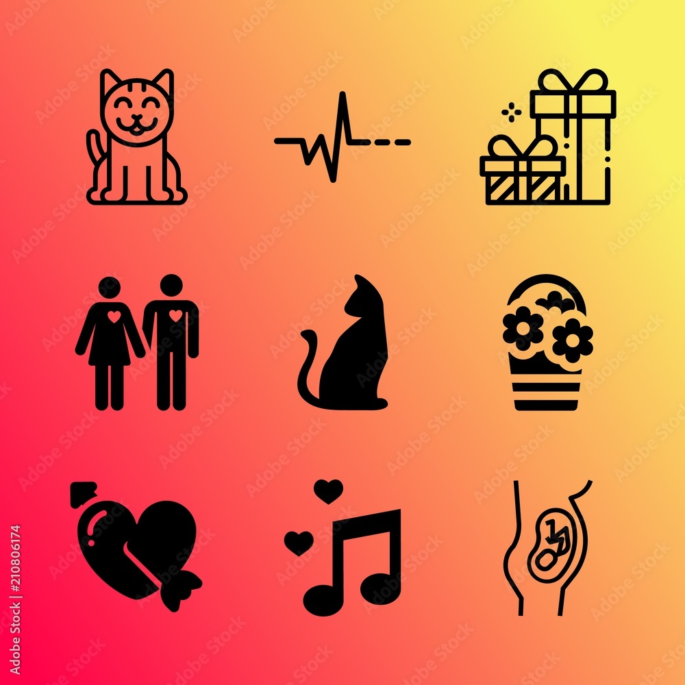 Vector icon set about love with 9 icons related to amour, event, embracing, fondness, romantic, pets, feline, joy, caucasian and art