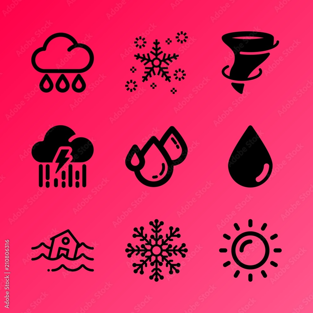 Vector icon set about weather with 9 icons related to sandbag, flooding, earth, electrical, design, instrument, drip, global warming, sunk and vector Vector icon set about weather with 9 icons related to sandbag, flooding, earth, electrical, design, instrument, drip, global warming, sunk and vector