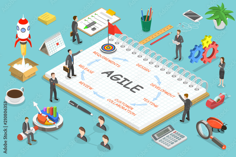 Flat isometric vector concept of agile methodology, software product development.