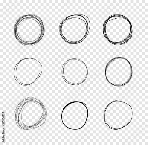 VectorDrawn Circles, Scribble Lines Drawings on Transparent Background.