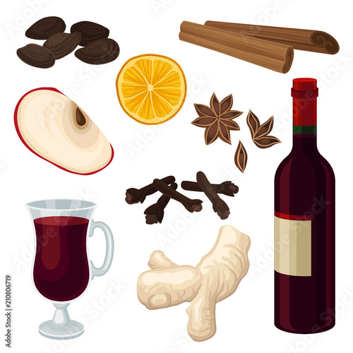 Flat vector set of ingredients for mulled wine. Bottle and glass of red wine, aromatic spices, slice of orange and apple