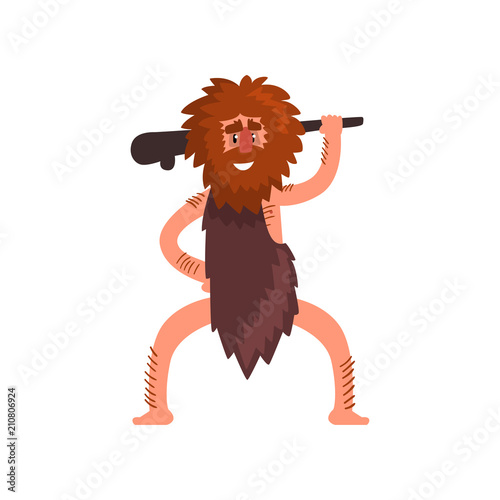 Primitive caveman with wooden club, stone age prehistoric man character cartoon vector Illustration on a white background