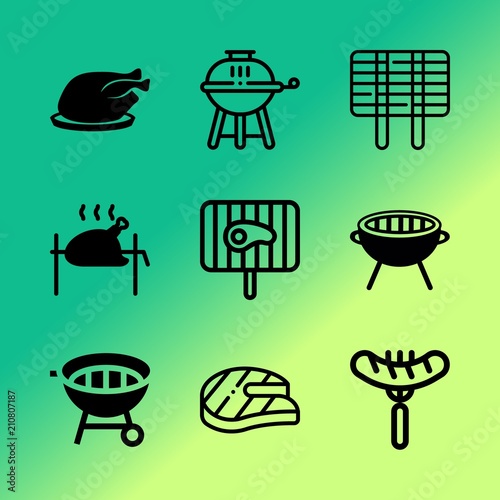 Vector icon set about barbecue with 9 icons related to organic, picnic, meal, top, restaurant, fried, nutrition, outdoors, fat and delicious