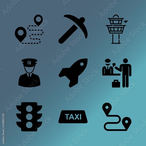 Vector icon set about transport with 9 icons related to container, background, driving, looking, terminal, city, lounge, hand, guidance and pins