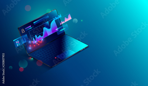 Financial analytic and business infographic elements on screen laptop. Finance graphs, analysis data and charts investment and trade. 3d isometric Vector. Business Concept.