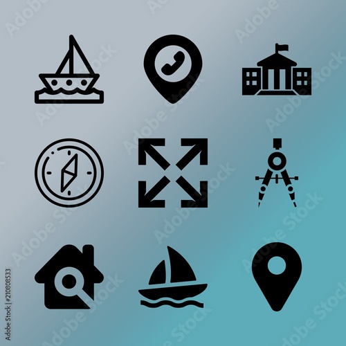 Vector icon set about location with 9 icons related to marine, location, luxury, geo, marble, website, information, regatta, frame and red