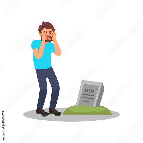 Man standing near tombstone and crying. Grieving guy visiting grave of family member. Isolated flat vector design
