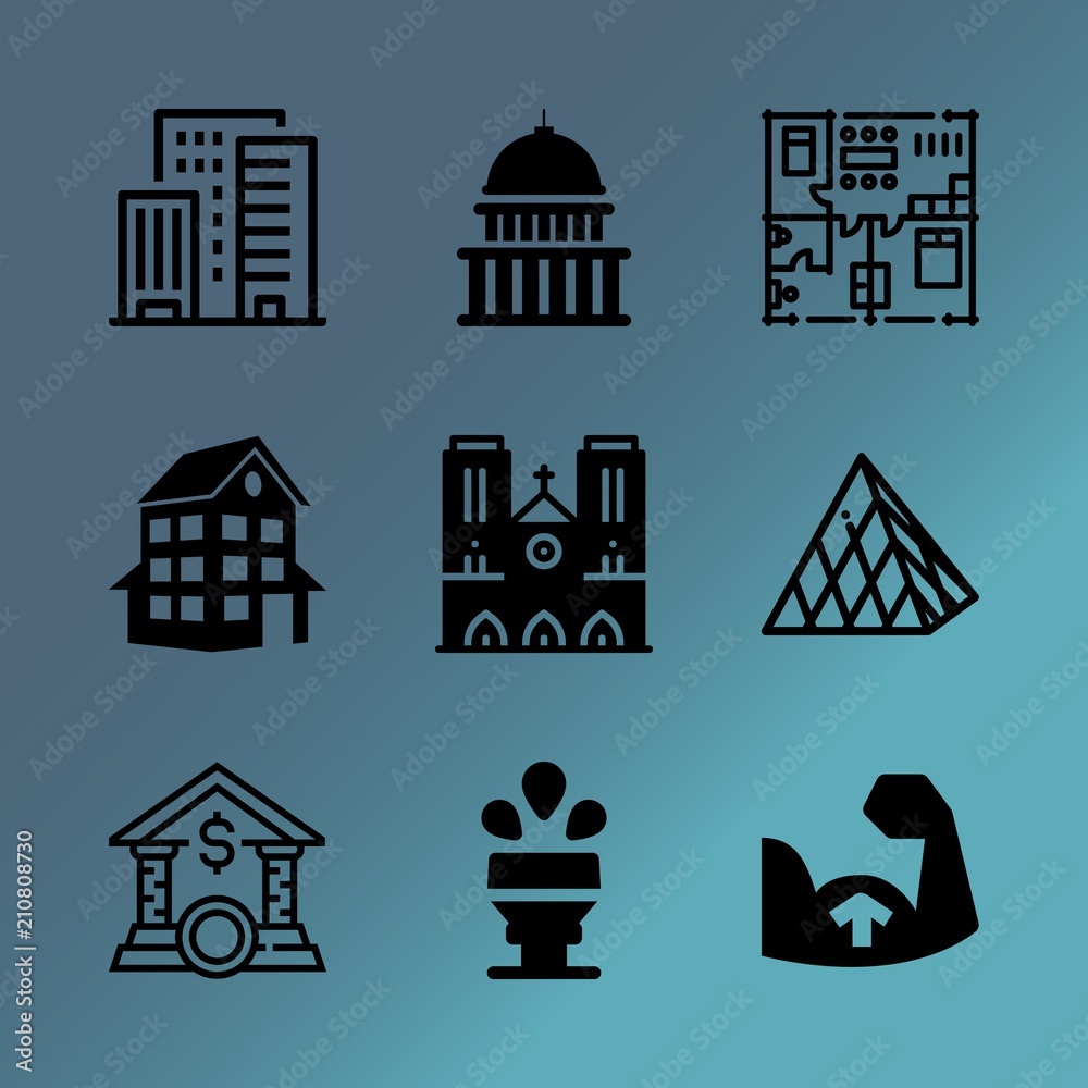 Vector icon set about building with 9 icons related to building, payment, city, dame, prison, measurement, element, bodybuilding, exterior and training