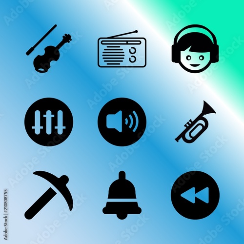 Vector icon set about music with 9 icons related to photo, businesswoman, fm, interface, instrument, graphic, pickup, difference, young and teamwork