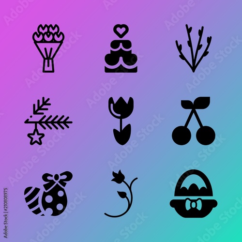 Vector icon set about flowers with 9 icons related to baked  card  trunk  illustration  stem  bright  swirl  icing  valentine and basket