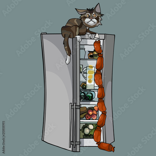 cartoon cat stole sausages from an open refrigerator