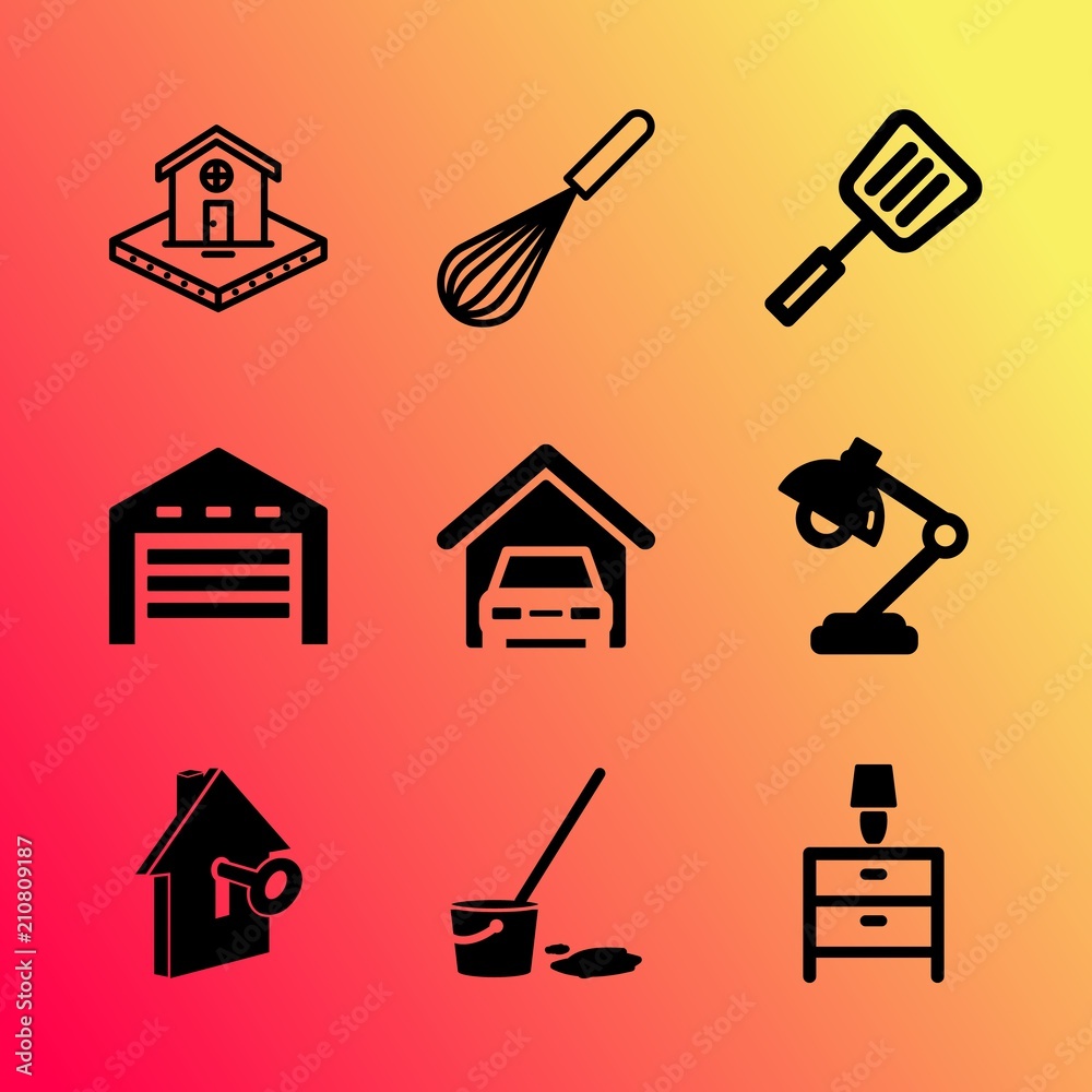 Obraz premium Vector icon set about home with 9 icons related to check, investment, lumber, roller, inspection, brown, commercial, indoor, clean and view