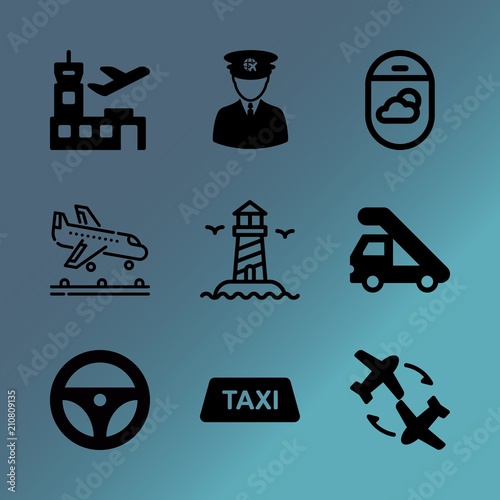 Vector icon set about transport with 9 icons related to departure, creative, wing, tourist, city, highway, auto, map, transport and adult