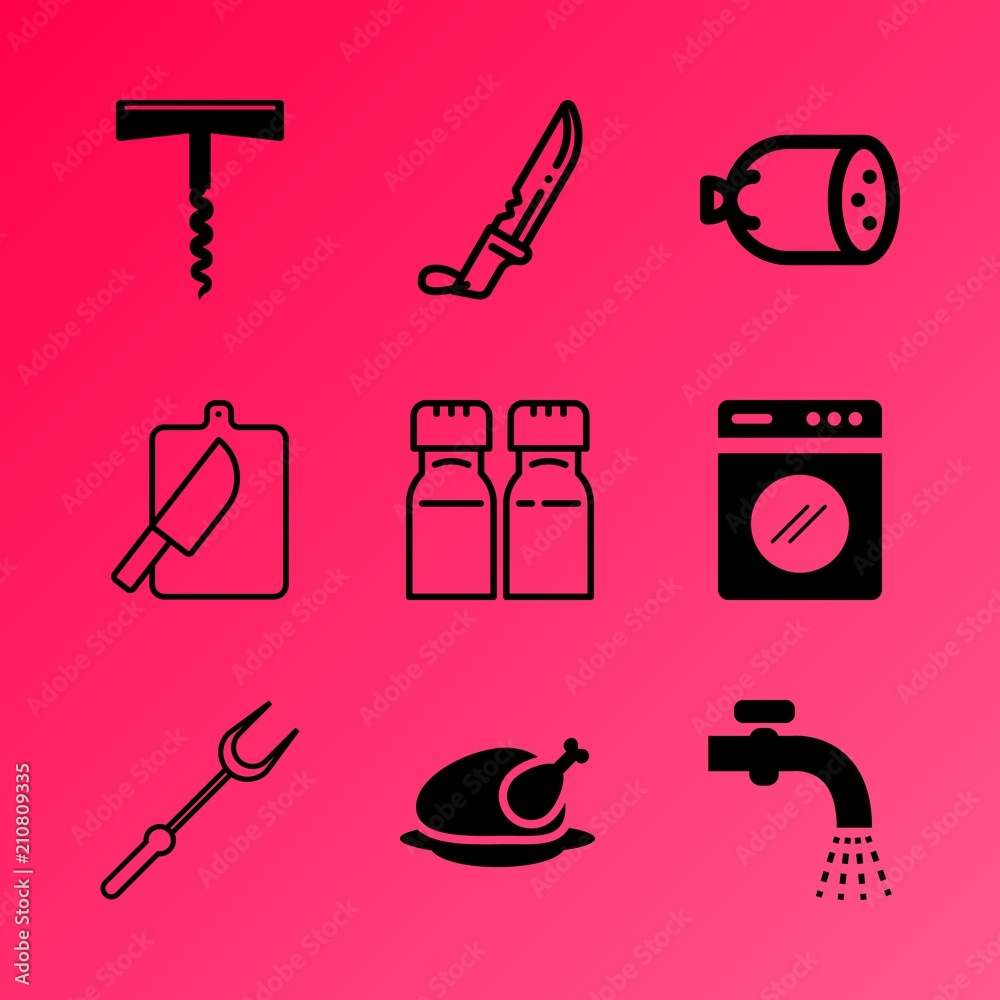 Vector icon set about kitchen with 9 icons related to ingredient, sign, wood, cutting board, dark, sommelier, hygiene, chrome, industrial and appetizer