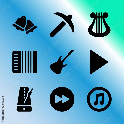 Vector icon set about music player with 9 icons related to advertising, reminder, tune, banner, smartphone, white, fast forward, book, alarm and round