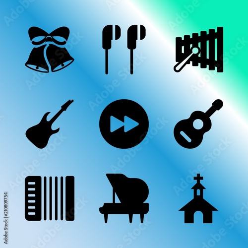 Vector icon set about music with 9 icons related to child, jesus, banner, tone, mallet, graphic, color, silhouette, doorbell and earflaps