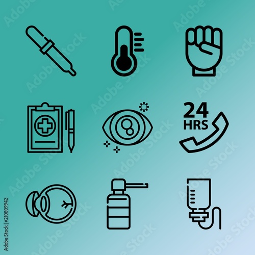 Vector icon set about medicine with 9 icons related to dirty, graphic, myopia, thermometer, circle, communication, optometric, print, illness and dropper