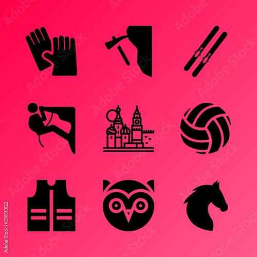 Vector icon set about fitness and sport with 9 icons related to huntsman, alpha, vector, stallion, tournament, sea, block, white, red and beach