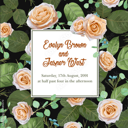 Flowers pastel roses and eucalyptus leaves, watercolor, can be used as greeting card, invitation card for wedding, birthday and other holiday. Vector illustration