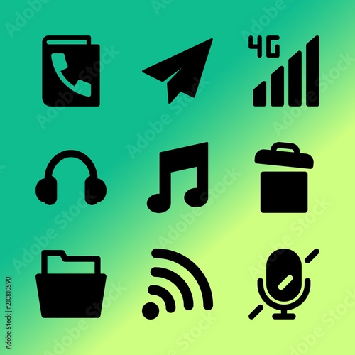 Vector icon set about mobile device with 9 icons related to arrow, graphic, structure, cable, brochure, tune, information, idea, geometric and user