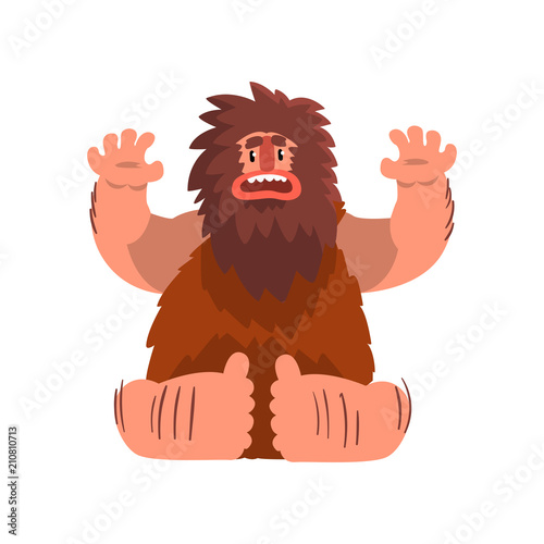 Funny primitive caveman, stone age prehistoric man character cartoon vector Illustration on a white background