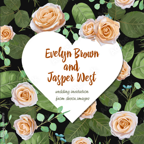 Floral Wedding Invitation elegant invite card vector Design: garden flower pink, peach Rose, blue waxflower green Eucalyptus tender greenery,, heart print frame
