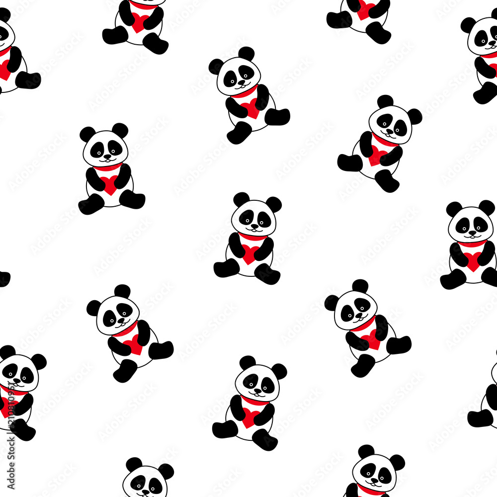 Seamless vector background with cute pandas and hearts. seamless panda bears