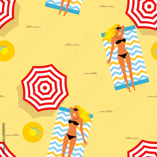 Seamless summer background. girl sunbathing on the beach, beach umbrellas, hats, slates. Template for fabric, wrapping paper, backgrounds 