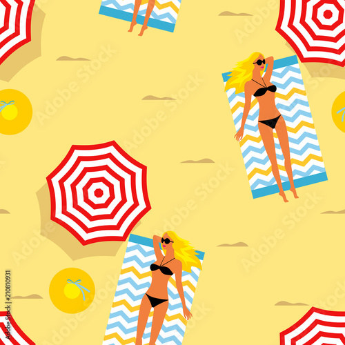 Seamless summer background. girl sunbathing on the beach, beach umbrellas, hats, slates. Template for fabric, wrapping paper, backgrounds
