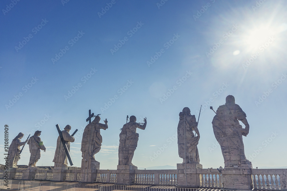 Statues on top of St Peter's Basilica in Rome including Christ the Redeemer