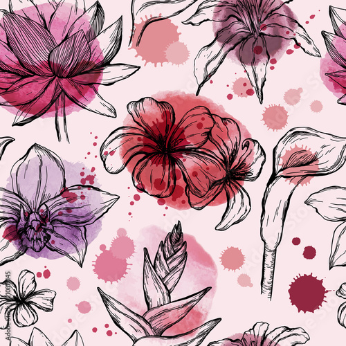 Seamless watercolor pattern with sketch of Tropical flowers - Water lily, orchid, plumeria, frangipani and hibiscus