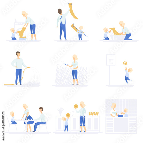 Parents and their kid spending time together, doing homework and playing set, family lifestyle concept vector Illustrations on a white background