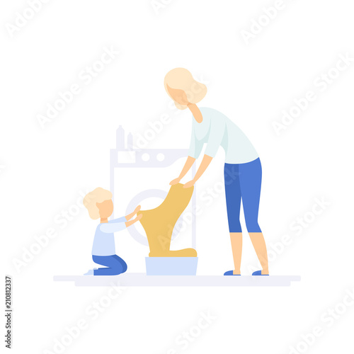 Young woman doing laundry, little son helping her, family lifestyle concept vector Illustration on a white background