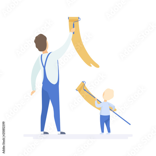 Father and son painting wall at home together, family lifestyle concept vector Illustration on a white background