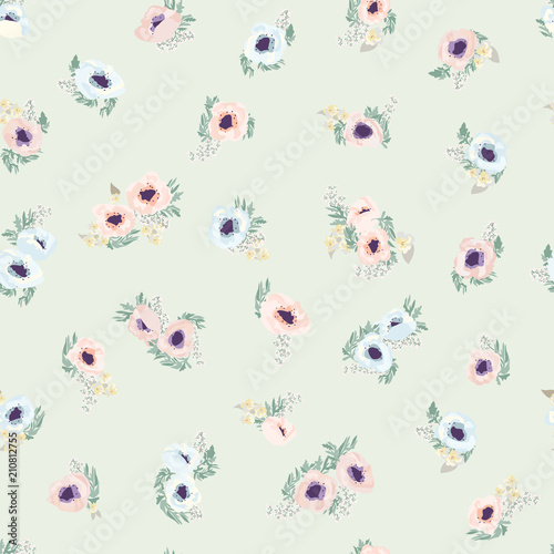 Seamless pattern floral watercolor design: garden poppy, daisy, marguerite, silver eucalyptus, willow, green thyme, greenery leaves. Boho romantic millefleurs plant background print.