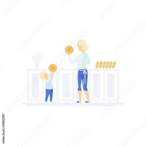 Young mom and her little son washing dishes in the kitchen, family lifestyle concept vector Illustration on a white background