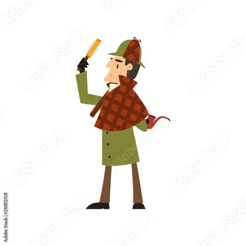 Sherlock Holmes detective character with magnifying glass and smoking pipe vector Illustration on a white background