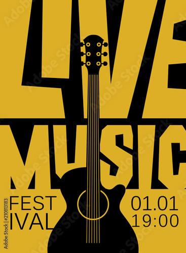 Vector banner or poster for live music festival with acoustic guitar in retro style on black and yellow colors