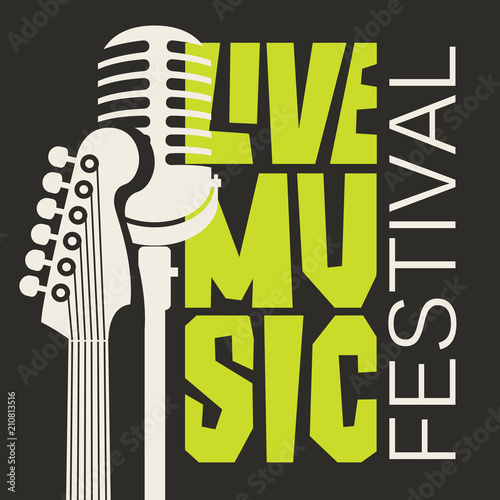 Plakat Wektorowy plakat lub sztandar dla muzyka na żywo festiwalu z szyją gitara akustyczna i mikrofon w retro stylu