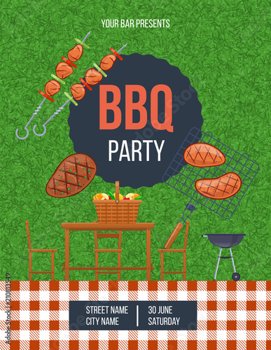 Summer picnic on fresh air, advertising poster bbq party.