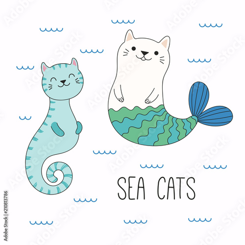 Hand drawn vector illustration of a kawaii funny cat seahorse, mermaid, swimm...