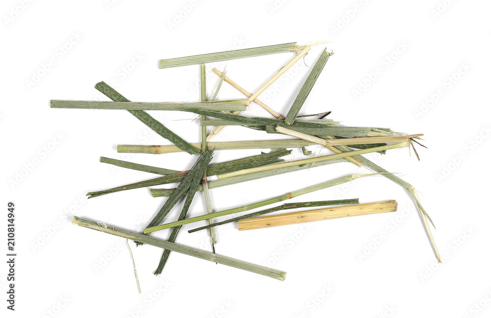 Straw, dry grass pile isolated on white background and texture, top view
