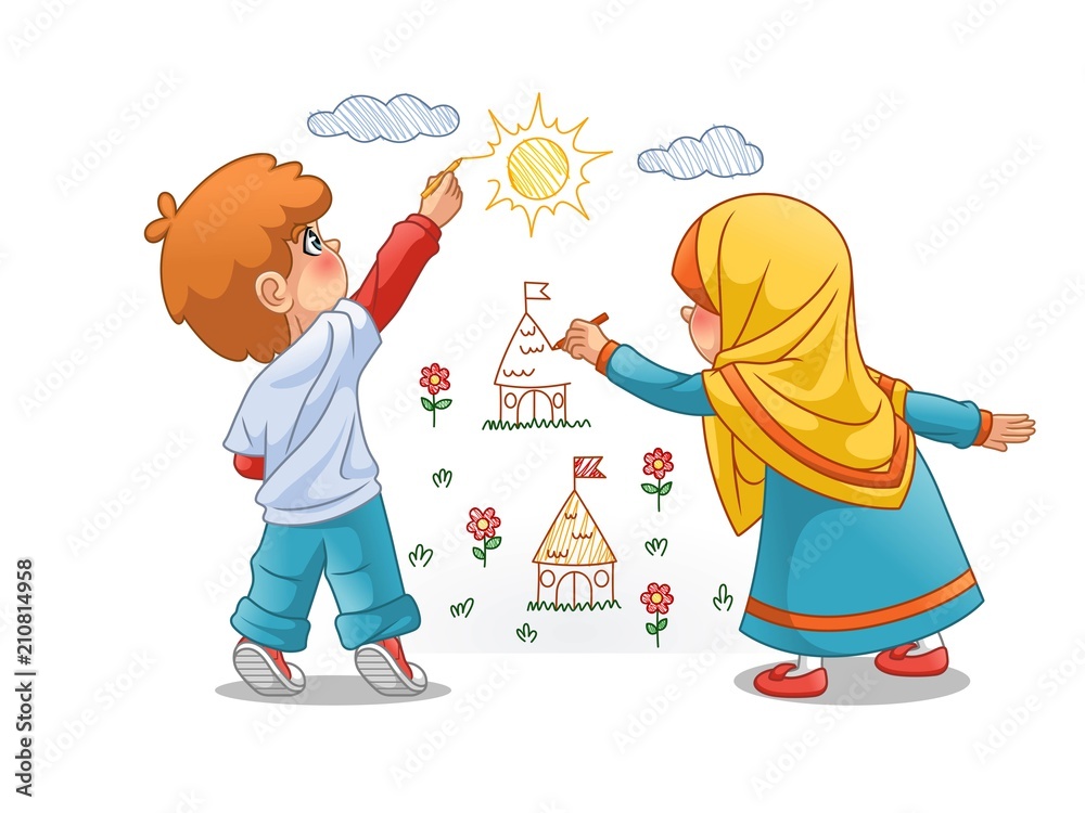 Muslim girls and boy draw landscapes on the walls, cartoon character  design, vector illustration, isolated against white background. Stock  Vector | Adobe Stock