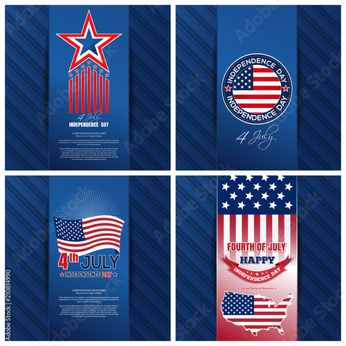 Greeting cards set for the United States Independence Day. 4th of July. Fourth of July. Holiday backgrounds collection for US Independence Day. Happy Independence Day. Vector illustration