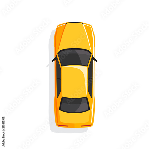 Yellow cartoon car. Top view. Vector illustration