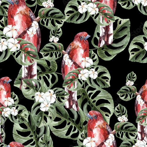 Beautiful watercolor seamless, tropical jungle floral pattern background with...