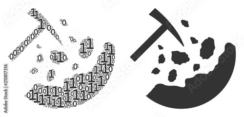 Rocks mining composition icon of binary digits in randomized sizes. Vector digits are arranged into rocks mining illustration design concept.