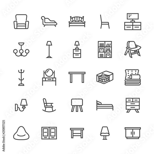 Furniture vector flat line icons. Living room tv stand, bedroom, home lighting, rocking chair, sofa, bedding, dining table, bed,bookcase. Thin signs collection interior store. Pixel perfect 48x48
